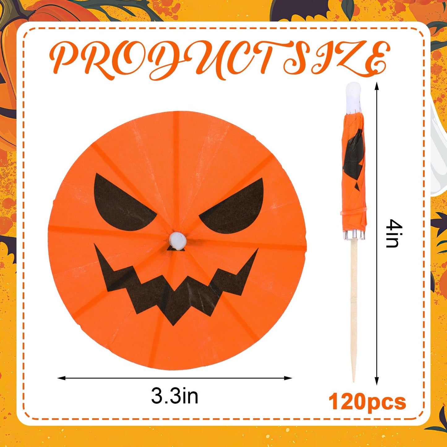 Whaline 120 Pcs Summer Halloween Cocktail Umbrella Drink Picks Orange Black Pumpkin Drink Umbrellas for Beverage Fruit Cupcake Topper Decorations