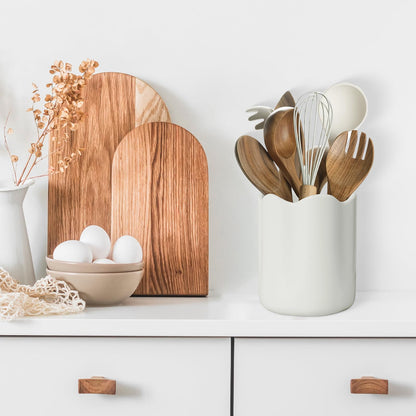 Haliwurry Large Utensil Holder for Kitchen Counter, Ceramic Kitchen Utensil Crock with Protection Cork Mat, Modern Cooking Tools Organizer for Countertop, White