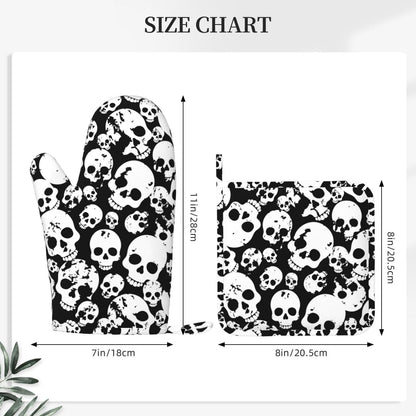 Skull Black And White Oven Mitts And Pot Holders Set Of 2 Silicone Heat Resistant Oven Mitten Potholders Non Slip Gloves Kitchen Decor For Bbq Cooking Grilling Baking