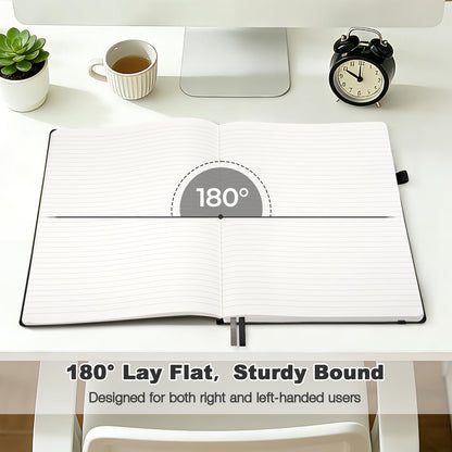 College Ruled Notebook, A4 Softcover Leather Notebook for Work, Lined Notebook Journal for Women, Men, 192 Thick Paper, Lay Flat, Large Notebook with 2 Pockets, Professional Business Notebook, Black