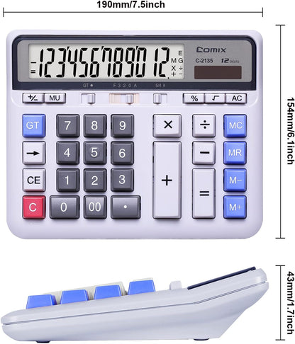 Comix Desktop Calculator Solar Battery Dual Power with 12-Digit Large LCD Display and Large Computer Keys Standard Function Calculator for Home Office School, White(2 Pack)