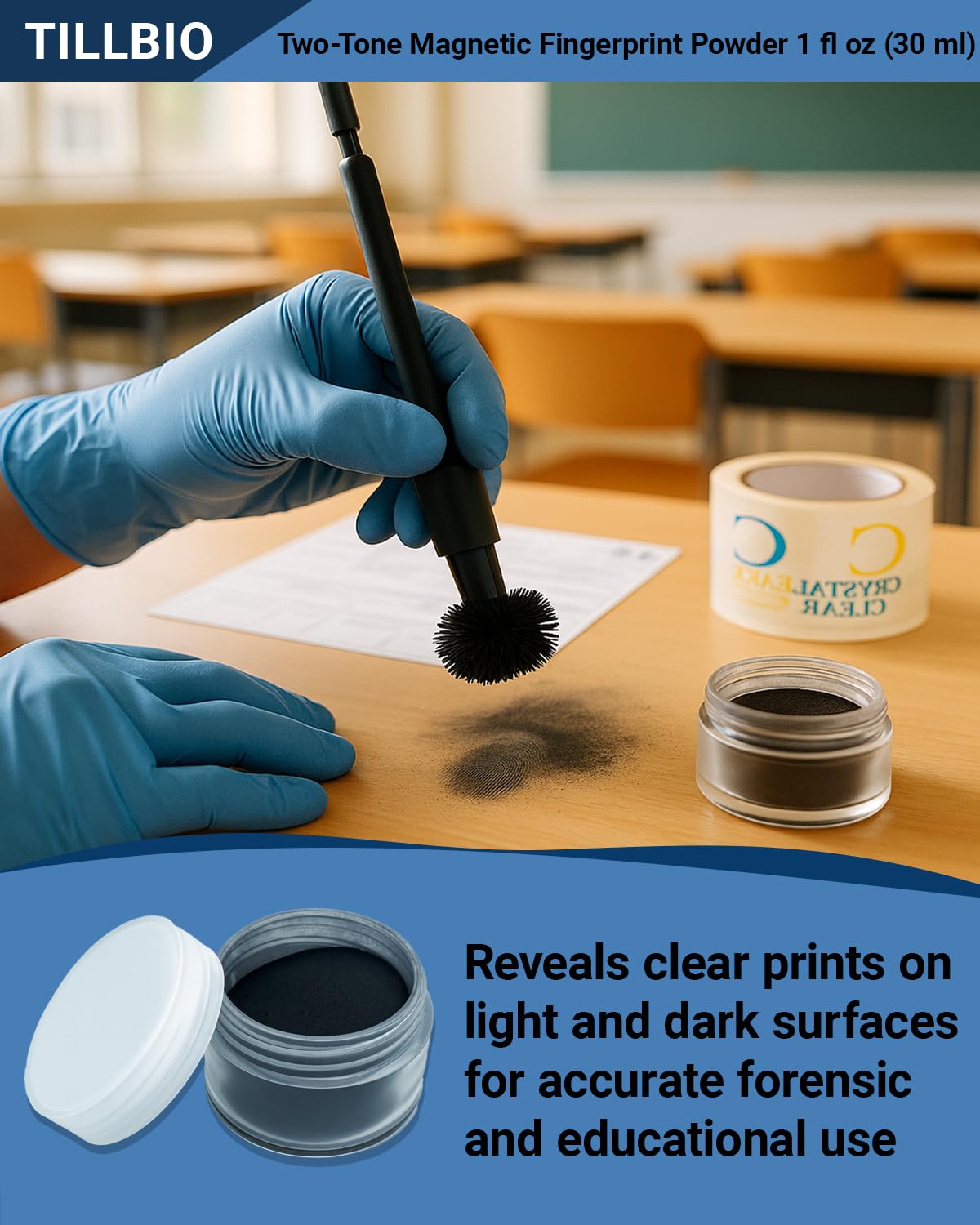 TillBio Latent Fingerprint Kit 13-Piece Set, Magnetic Two-Tone Powder, Magnetic Brush, Fingerprint Cards & More for Classroom and Forensic Science Education (13-in-1 Set)