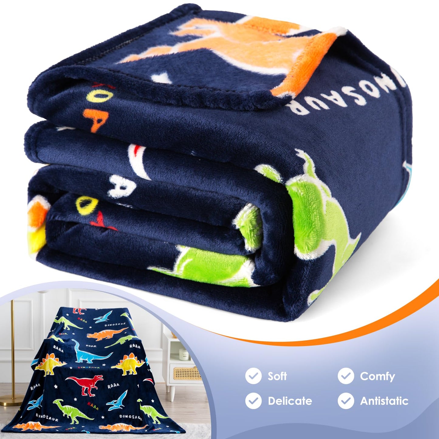 Jekeno Dinosaur Glow in The Dark Blanket Dino Gift Throw for Kids Boys Girls Birthday Christmas Halloween Easter Decor for Age 1-16 Years Old Teens Child Toddler Son Throw Navy Blue 50"x60"