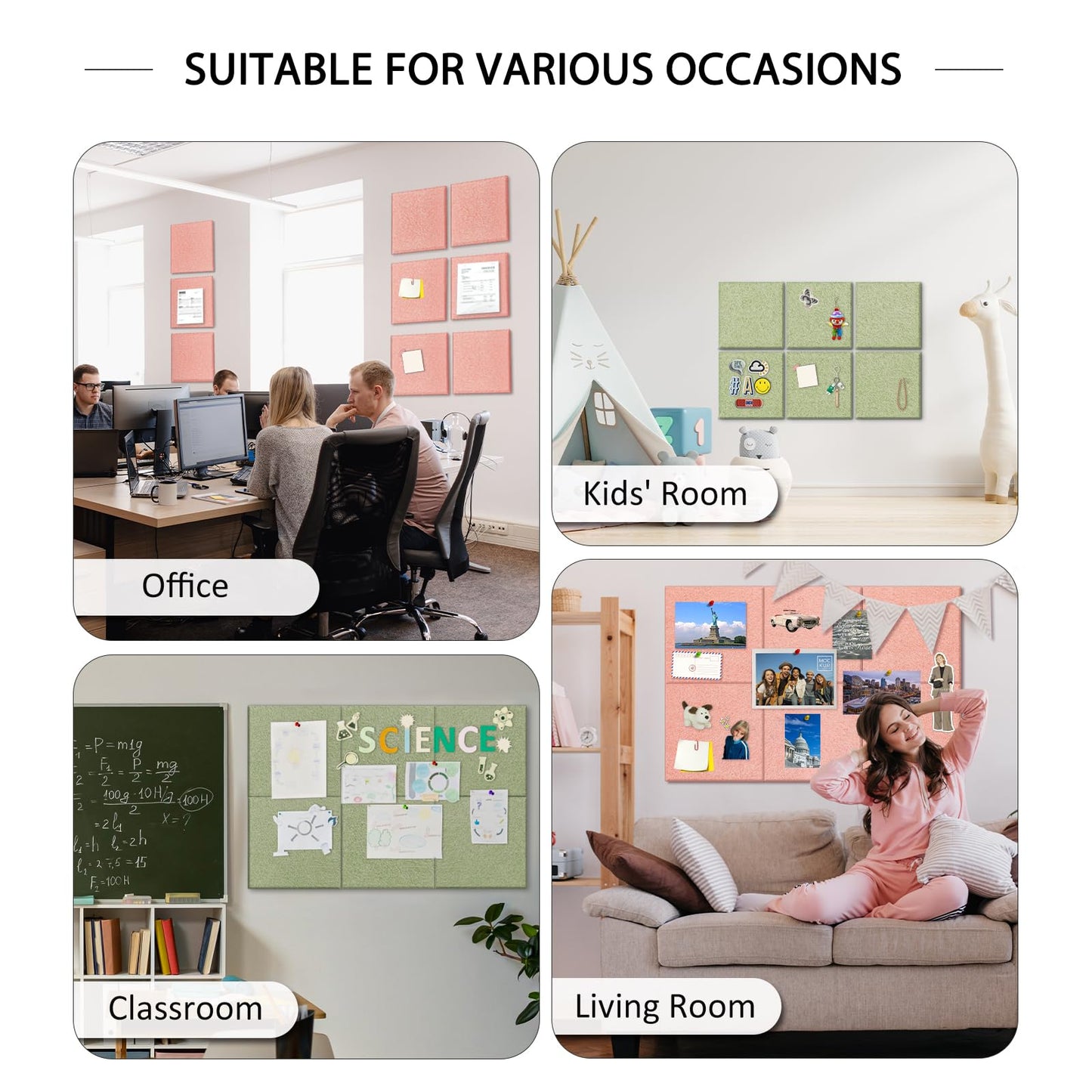 BXI Felt Bulletin Board - 36 X 24 Inches, 6 Pcs Self-Adhesive Decor Cork Boards with 30 Pushpins, Sturdy Acoustic Wall Panels for Office Work, Poster Pin Tiles for Teen Dorm Room Kitchen Classroom