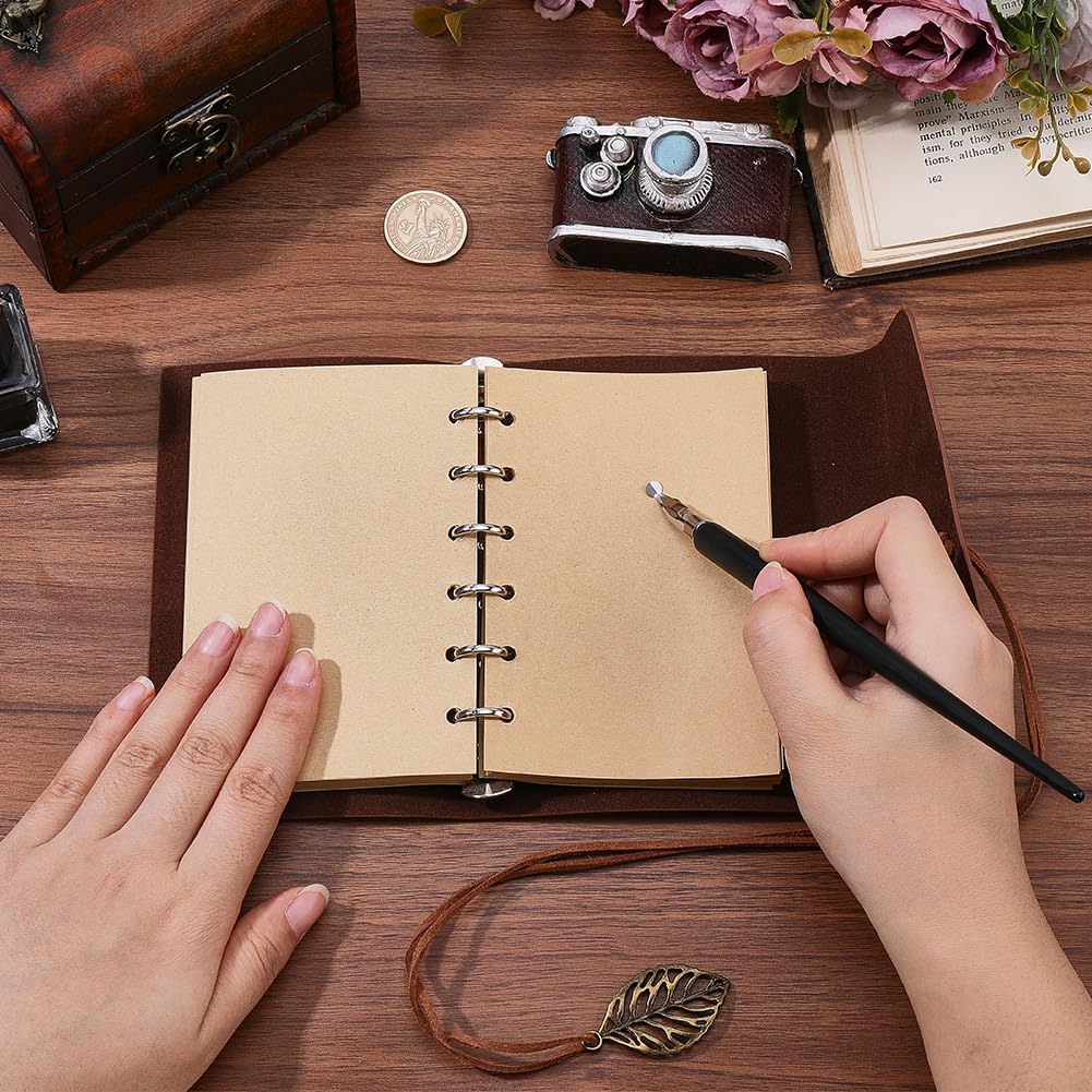 CALFOVERA A7 PU Leather Diary Vintage Writing Travel Business Work Notepad with Lined Pages Leaves Carving Leather Journal Notebook Binder Cover with Book Insert for Men Women(Brown)
