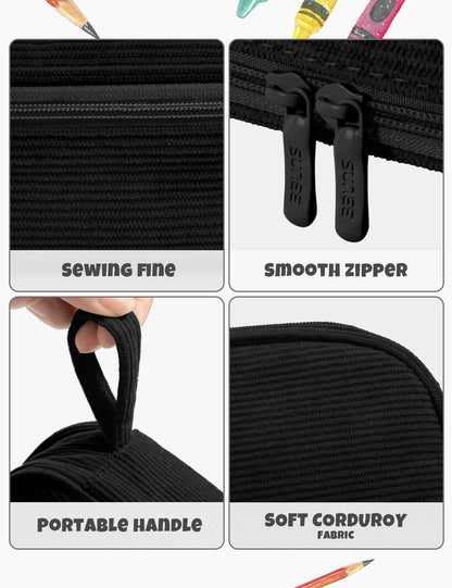 SUNEE Cute Pencil Case, Large Pencil Pouch, Soft Corduroy Aesthetic Big Pencil Bag with Zipper, Kawaii Stationery Storage and Organizer, School Supplies for Teen and Adult, Boys&Girls, Coal Black