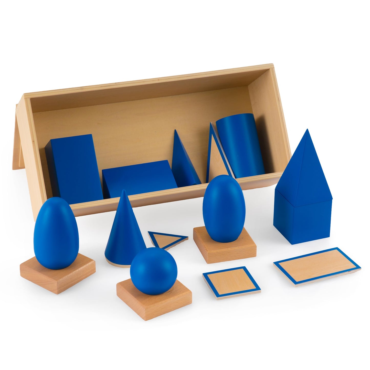 Premium Montessori Geometric Solids with Matching Cards – Solid Beechwood 3D Shapes, Plane Figures, Stands & Cards, Sensorial Geometry Materials for Spatial Awareness, Homeschool Classroom Kids 3-9