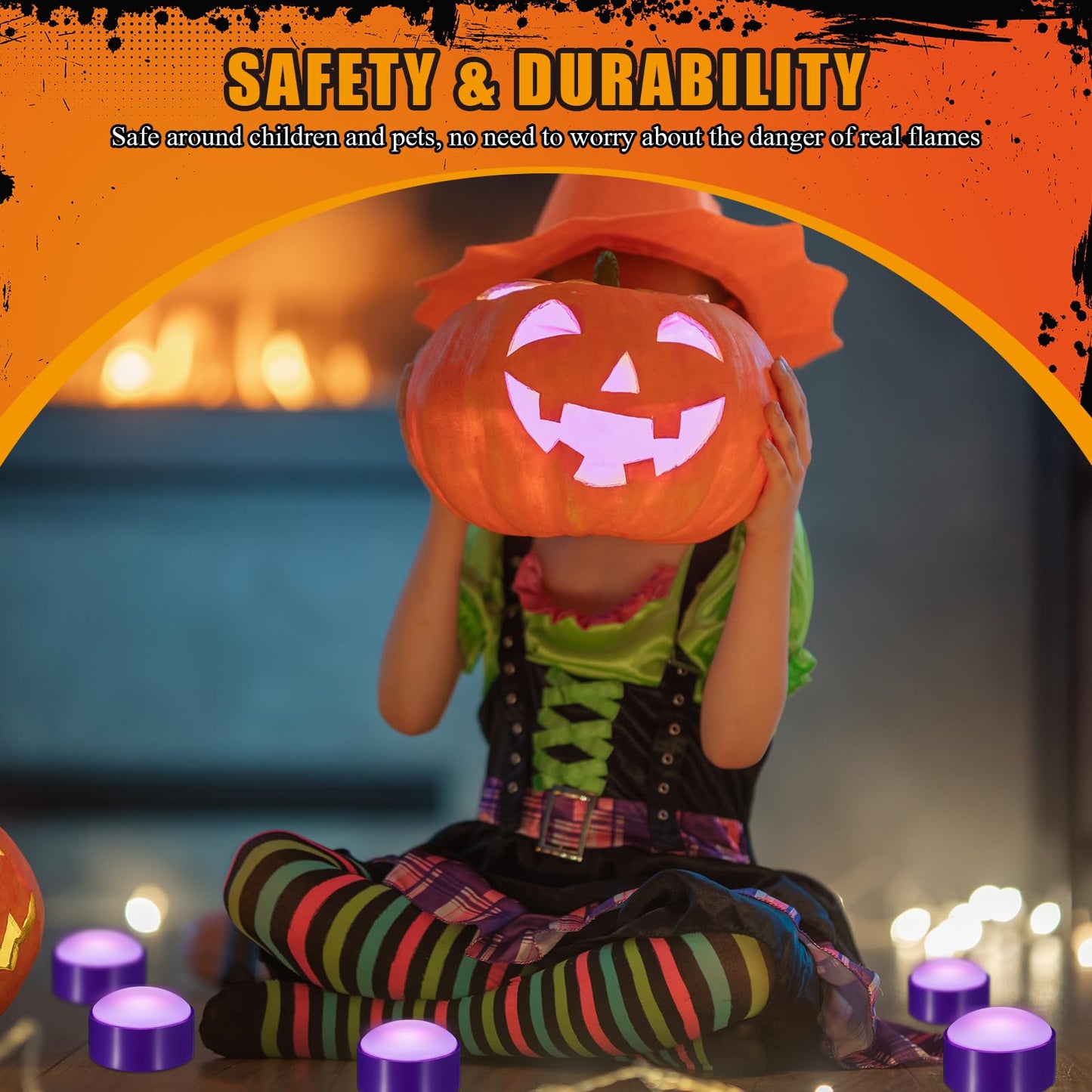 Riakrum 6 Pieces Halloween Remote Timer LED Lights with Remote Summer Halloween LED Pumpkin Lights Battery Operated Lantern Bright Flameless Candle(Purple,Purple Light)