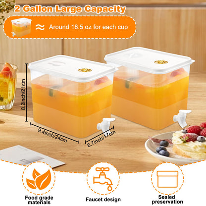 2 PCS 2 Gallon Fridge Beverage Drink Dispenser with Spigot Leak Proof Lids Filter Screen Juice Container Sealed Plastic Lemonade Water Milk Cold Hot Drink Tea Jug for Parties