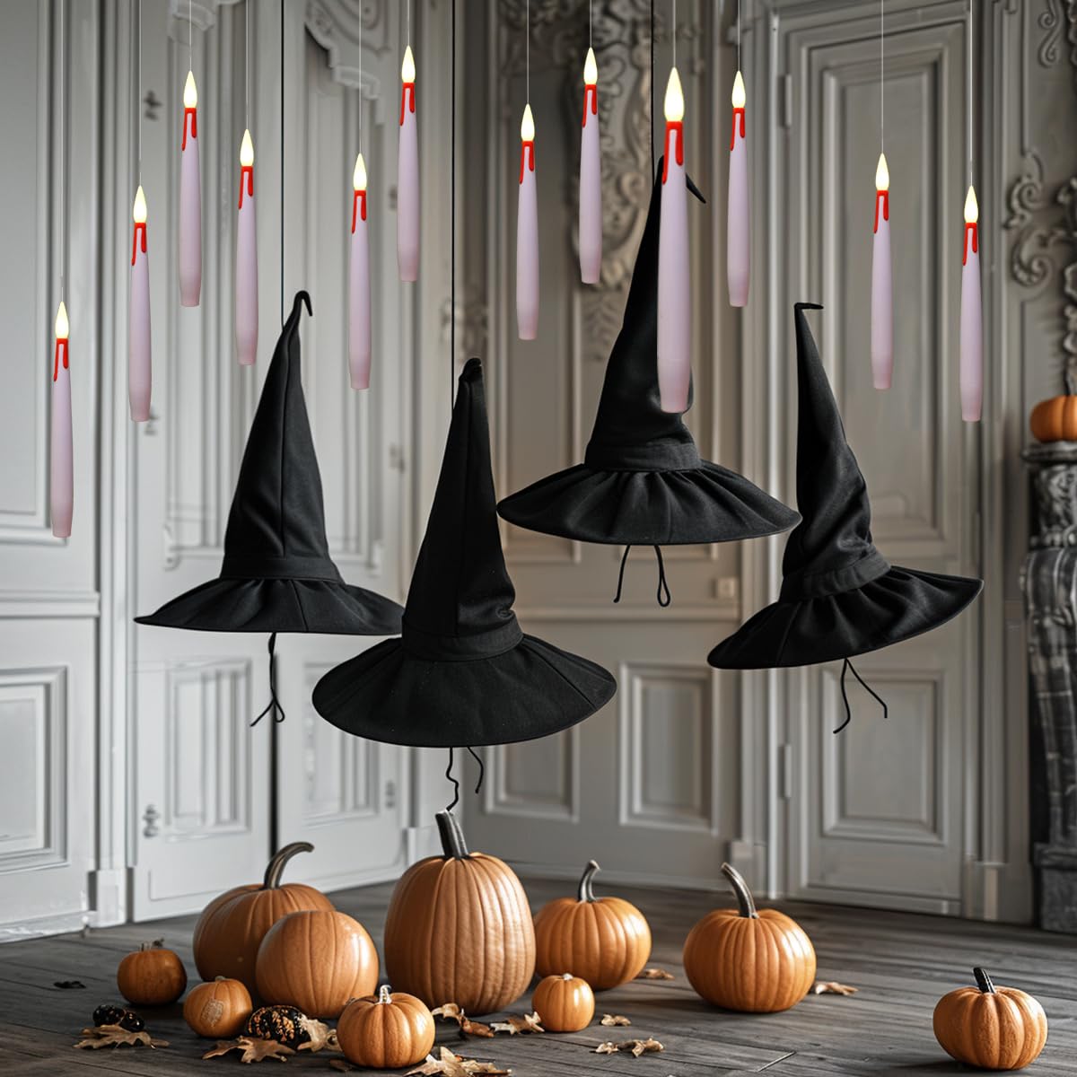 NONNO & ZGF Set of 12 Flameless Floating White Candles with 4.9FT Fishing line, Dripping Red Blood(Pigment), 6'' LED Remote(Timer) Battery Operated Candle with Hook and Glue Dots, for Halloween Decor