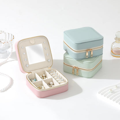 NGVRC Genuine Leather Travel Jewelry Organizer Case with Mirror for Women, Small Mini Portable Jewelry Box for Ring Earrings Necklace Bracelet Luxury Gift for Women（Mint Green）