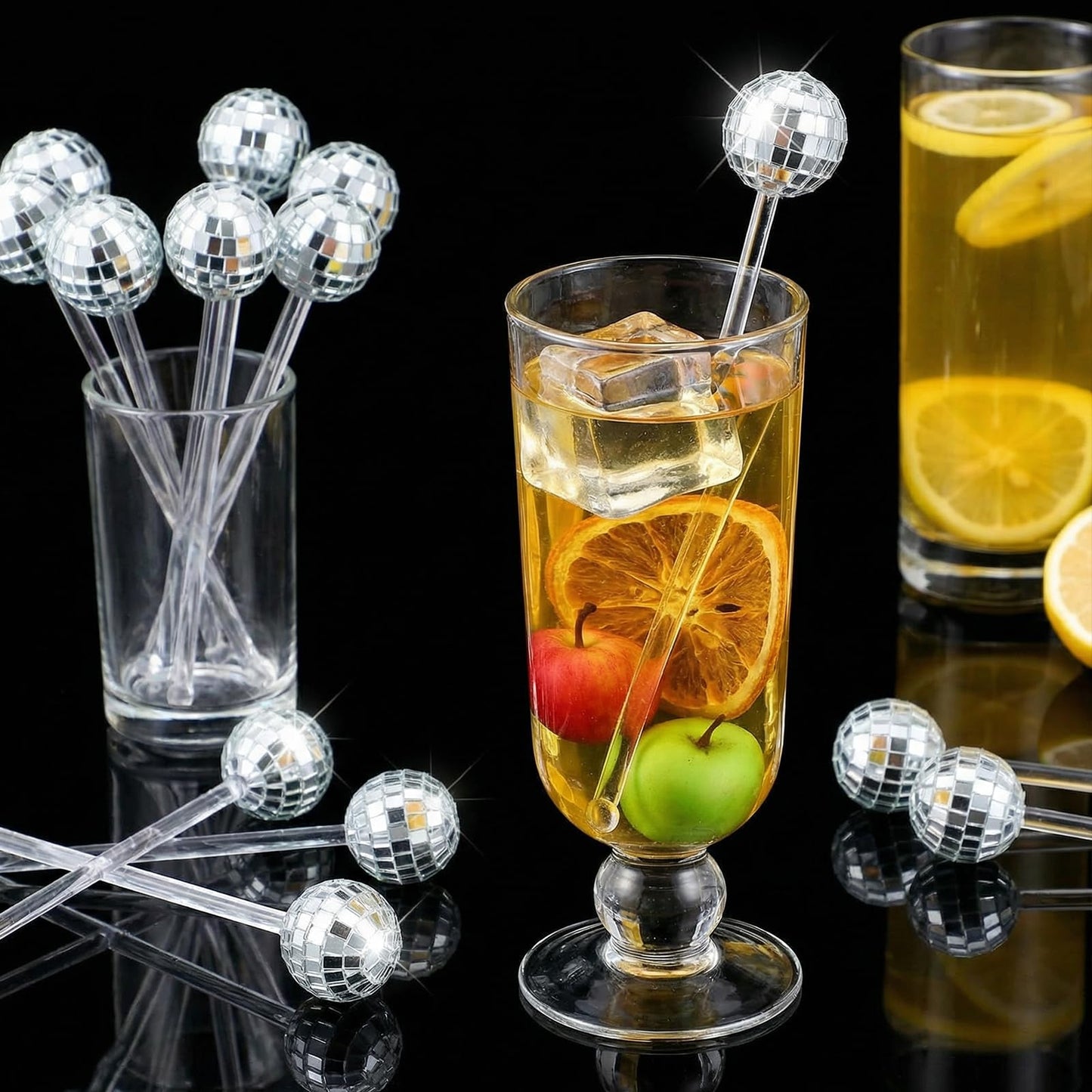 72 Pcs Disco Balls Cocktail Stirrers, Plastic Round Top Swizzle Sticks Mirror Disco Ball Stir Sticks Decorative Straws Drink Stirrers for 70s 80s Theme Party, Home Bar, Coffee Shop, Wedding (Silver)