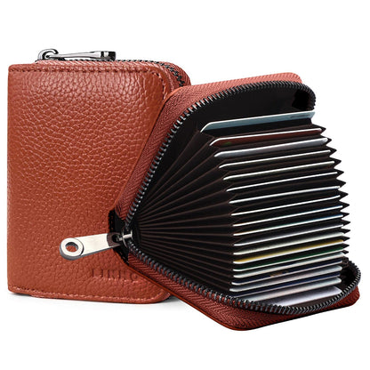 Linno RFID 20 Slots Credit Card Holder Genuine Leather Small Wallet for Women or Men with Zipper