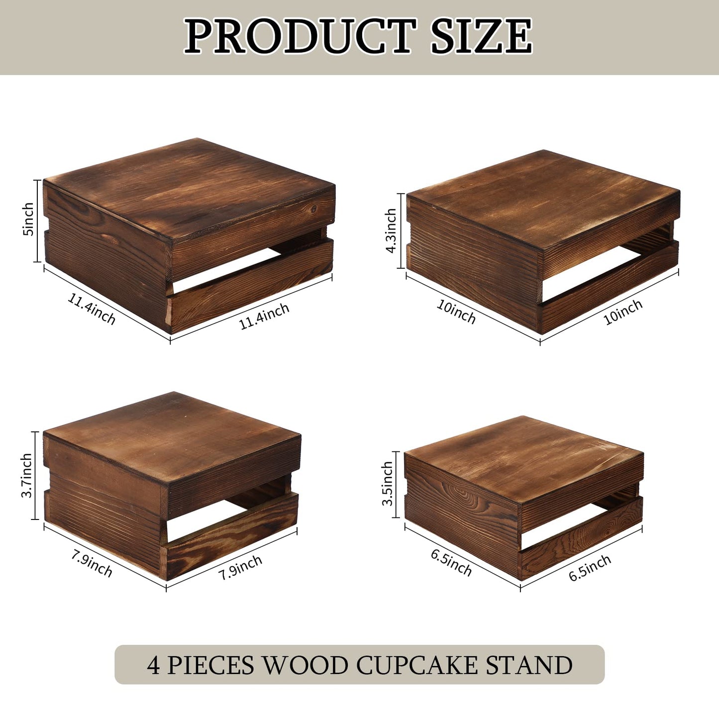 Sieral 4 Pieces Wood Cupcake Display Stand Decorative Dessert Appetizer Cake Stand Risers Wooden Crate Rustic Cake Risers for Storage for Party Christmas Halloween Wedding Decor(Burnt Wood)