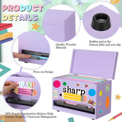 Watersay 108 Pcs Pencil Dispenser Kit for Classroom Wooden Sharp and Dull Pencil Holder 50 Pencils 50 Sharpener 6 Sticker Classroom Teacher Must Have Straw Dispenser for Back to School(Purple)