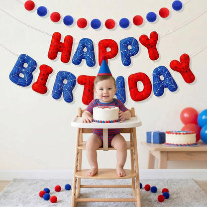 Pre-strung 3D Spider Happy Birthday Banner with Pom Pom Garland Reusable Spider Web Felt Sign for Cartoon Birthday Decorations Movie Hanging Bunting Party Supplies Photo Prop