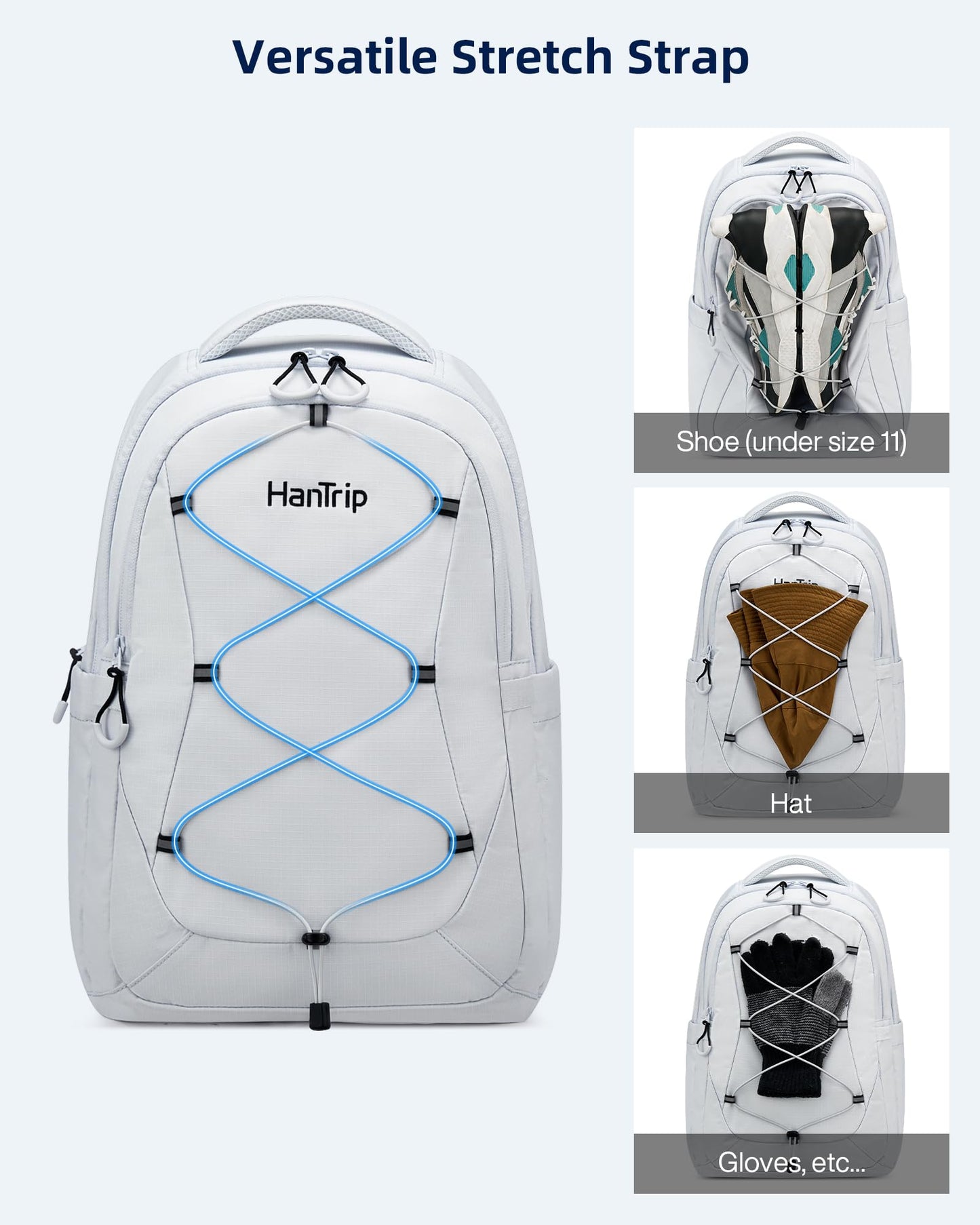 HanTrip Travel Laptop Backpack for Women Men, Large Work Backpack for Commuter College School Book Bags, Reflective Water Resistant Backpack with Luggage Strap Bottle Pocket Chest Strap, Glacier White