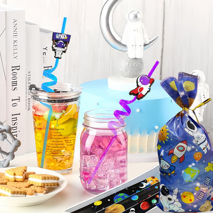 QZYCMHOO 152PCS Space Party Favors Set, Outer Space Birthday Decorations Including Slap Bracelets, Keychains, Gift Bags, DIY Stickers, Drinking Straws, Alien Birthday Supplies