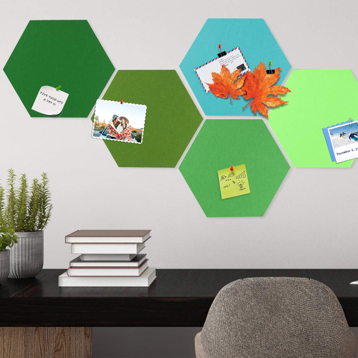 SEG Direct Hexagon Felt Cork Board Tiles, Large Hexagon Felt Bulletin Board Tiles Self Adhesive Picture Board, Memo Notice Tiles Pin Board for Walls Office, 11.8" x 10.2", 5PCS(Green Series)
