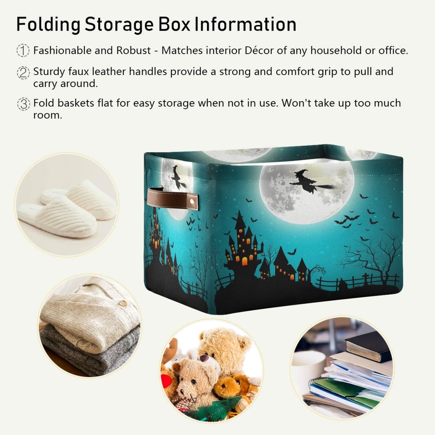 AUUXVA Storage Basket Halloween Witch Moon Castle Storage Cube Box Durable Canvas Collapsible Toy Basket Organizer Bin with Handles for Shelf Closet Bedroom Home Office