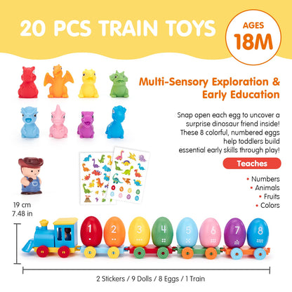 hahaland Toddler Learning Toys for 2 3 Year Old – Montessori Counting Matching Train Set with 8 Dinosaurs & Sorting Easter Eggs, Dino Stickers Toddler Toys for Kids 1-3 Years Easter Basket Stuffers