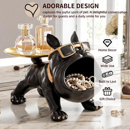 Nagpew French Bulldog Tray, Resin Bulldog Statue Candy Dish, Cool Black Key Holder Jewelry Bowl Decor for Entryway, Table, Office, Modern Art
