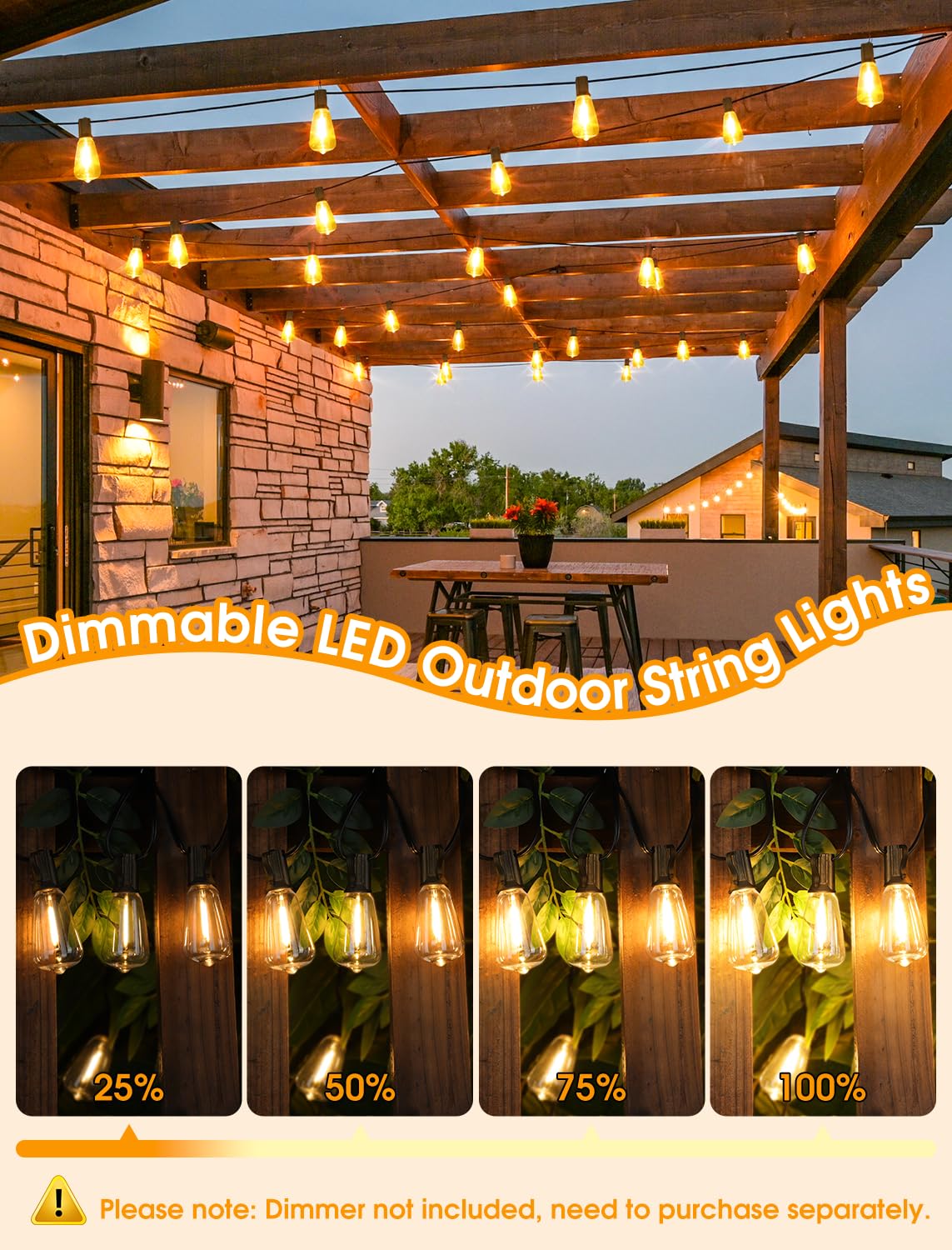 Larkvue 75FT(3x25FT) Outdoor String Lights, Patio Lights with 30+3 LED Dimmable Waterproof Connectable ST38 Bulbs for Outside Porch Balcony, Black