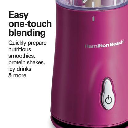 Hamilton Beach Portable Blender for Shakes and Smoothies, 14 Oz BPA Free Travel Cup & Lid, Durable Stainless Steel Blades, Personal Smoothie Blender, Raspberry, 51131G