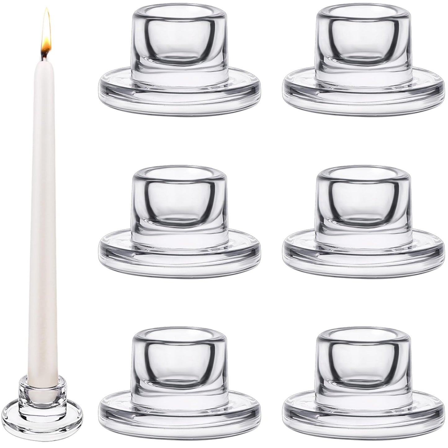 6 PCS Glass Taper Candle Holders Bulk Candlestick Holders Clear Short Tapered Candle Stick Holder Decor Set for Table Centerpiece Wedding Party Advent Christmas Home Decorations (6, Clear)