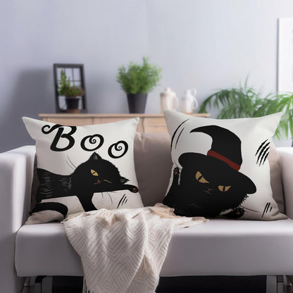 Cryfox Witch Cat Halloween Pillow Covers 18x18 Inch Set of 2 Black Boo Throw Pillows Cover Cute Holiday Pillow Cushion Case for Home Sofa Decorations