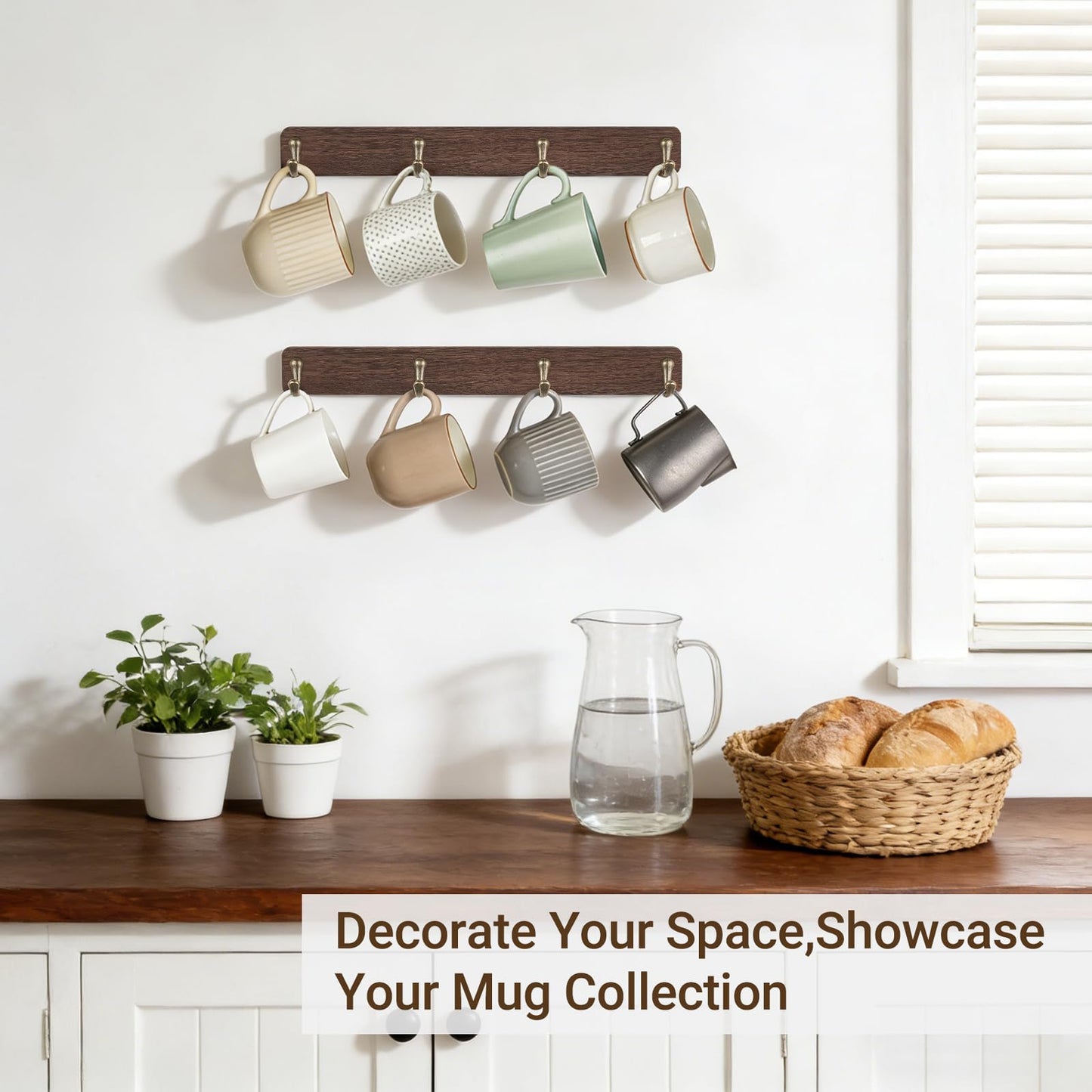 Mkono Coffee Mug Holder Wall Mounted Rustic Coffee Mug Rack with 8 Hooks Metal Display Shelf Wooden Tea Cup Organizer Hanger for Kitchen Dining Room Cabinet Coffee Bar,Set of 2 (Brown)