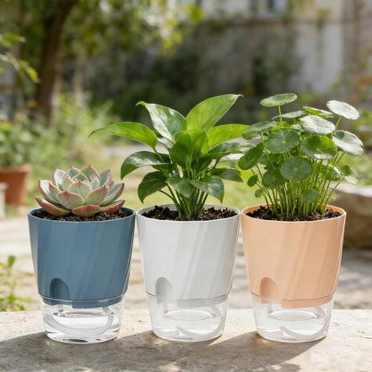 Self Watering Plant Pots 6 Inch, 3 Pack Plastic Indoor Planters with Wick Rope and Reservoir, Decorative Flower Pots for Spider Plant, Orchid, African Violet, Home Office Decor (White, Pink, Blue)