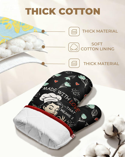 Slohif Funny Oven Mitt Heat Resistant for Women - 1 Pack Black Cute Novelty Cool Kitchen Oven Mittens with 100% Cotton for Baking and Cooking Accessories (Made with Love)
