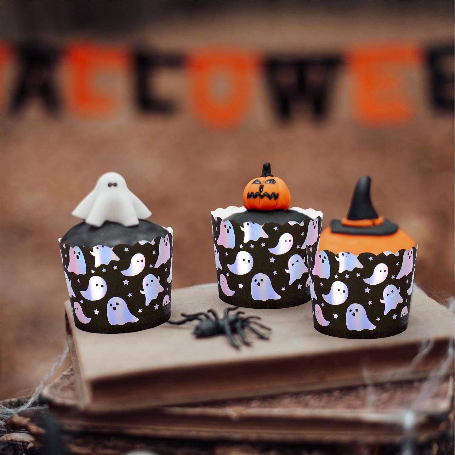 JarThenaAMCS 100Pcs Halloween Paper Baking Cups Holographic Ghost Star Cupcake Wrappers Iridescent Scalloped Edge Cupcake Muffin Cases for Halloween Little Boo Party Supplies
