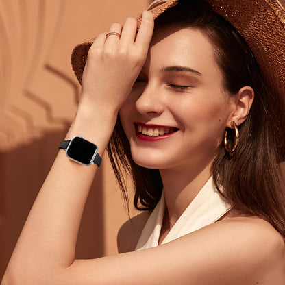 Charlam Slim Leather Band Compatible with Apple Watch Band 40mm 38mm 41mm 42mm 44mm 45mm 46mm Women,Top Grain Genuine Leather Strap Thin Wristband for iWatch Series 11 10 9 8 7 6 5 4 3 2 1 SE 3,Black