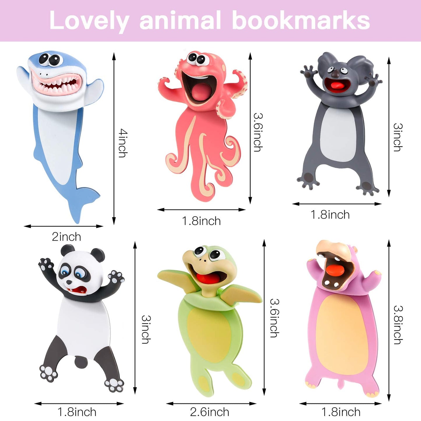 Zonon 6 Pcs 3D Funny Animal Bookmarks for Kids Wacky Cartoon Animal Bookmarks Set Cool Cute Squashed for Childrens Boys Girls Students Teachers School Supplies Fun Reading Gifts(Mixed Style)