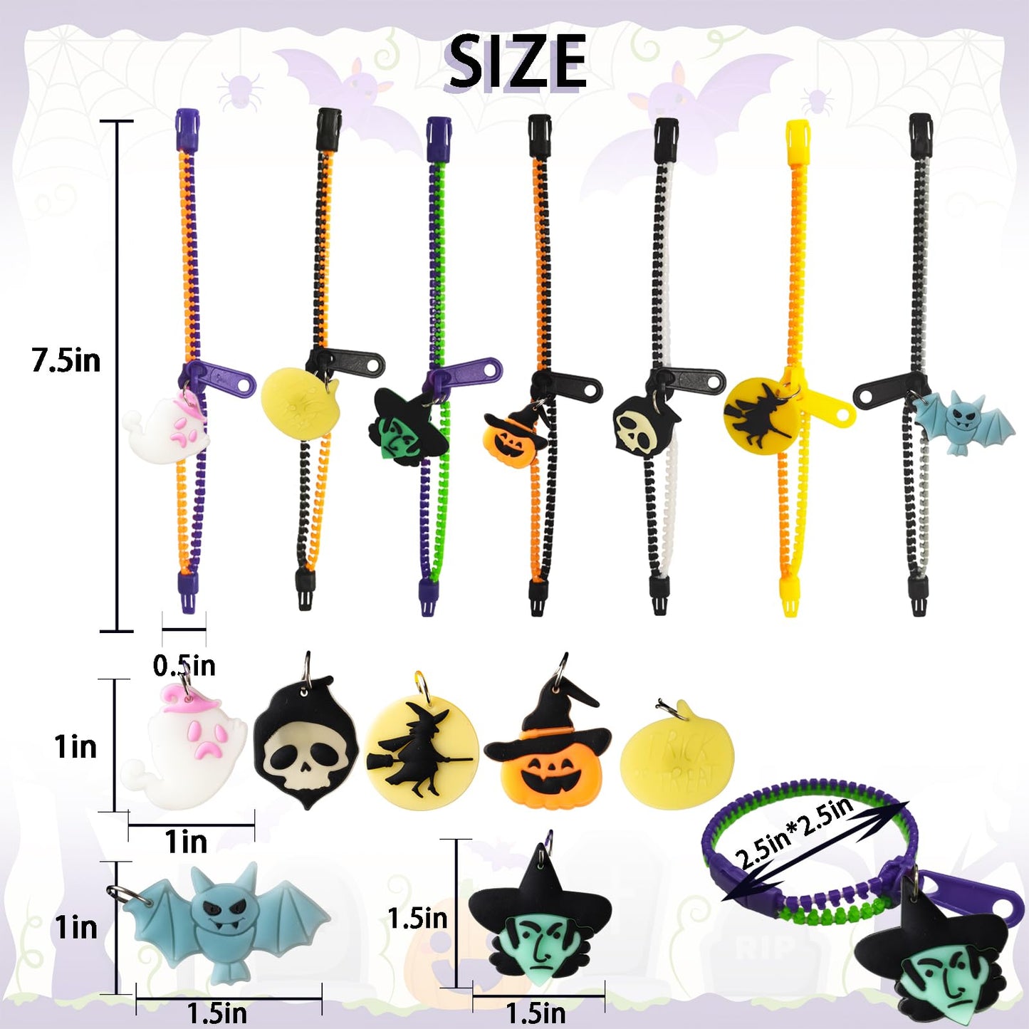 OuMuaMua Kids Halloween Party Favors Zipper Bracelets, 28 Pack Glow in the Dark Halloween Zipper Wristbands for Kids Gifts, Giveaways,Goodie Bag Fillers
