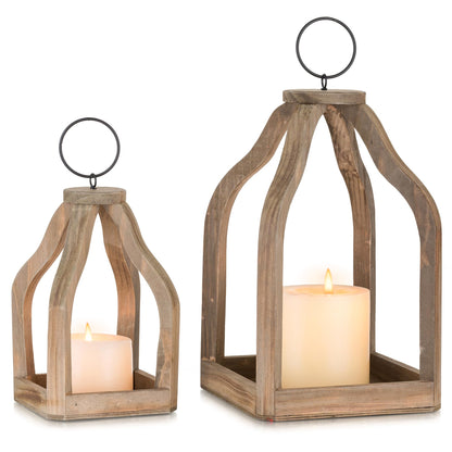 Staymoment Wood Lanterns Decorative Indoor: Farmhouse Hanging Candle Holder Set of 2 Brown Table Centerpiece Fireplace Mantle Shelf 11" & 8" Rustic Home Decor Fall Ornaments