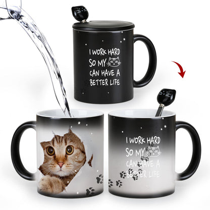 MUGKISS Color Changing Coffee Mug 11oz - I Work Hard So My Cat Can Have a Better Life - Halloween Cat Cup With Black Lid and Head Spoon, Gifts for Birthday, Christmas