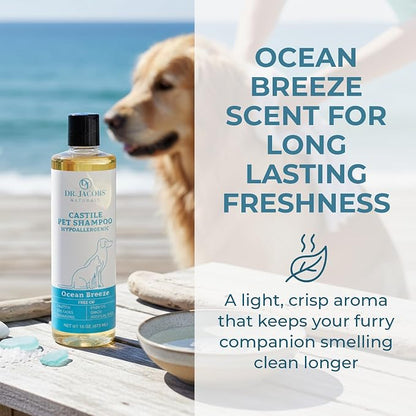 Dr. Jacobs Naturals Castile Pet Shampoo - Gentle Cat & Dog Wash with Pure Castile Soap - Plant-Based Dog Shampoo with Olive Oil, Coconut Oil, Shea Butter, Aloe Vera, Vitamin E - Ocean Breeze
