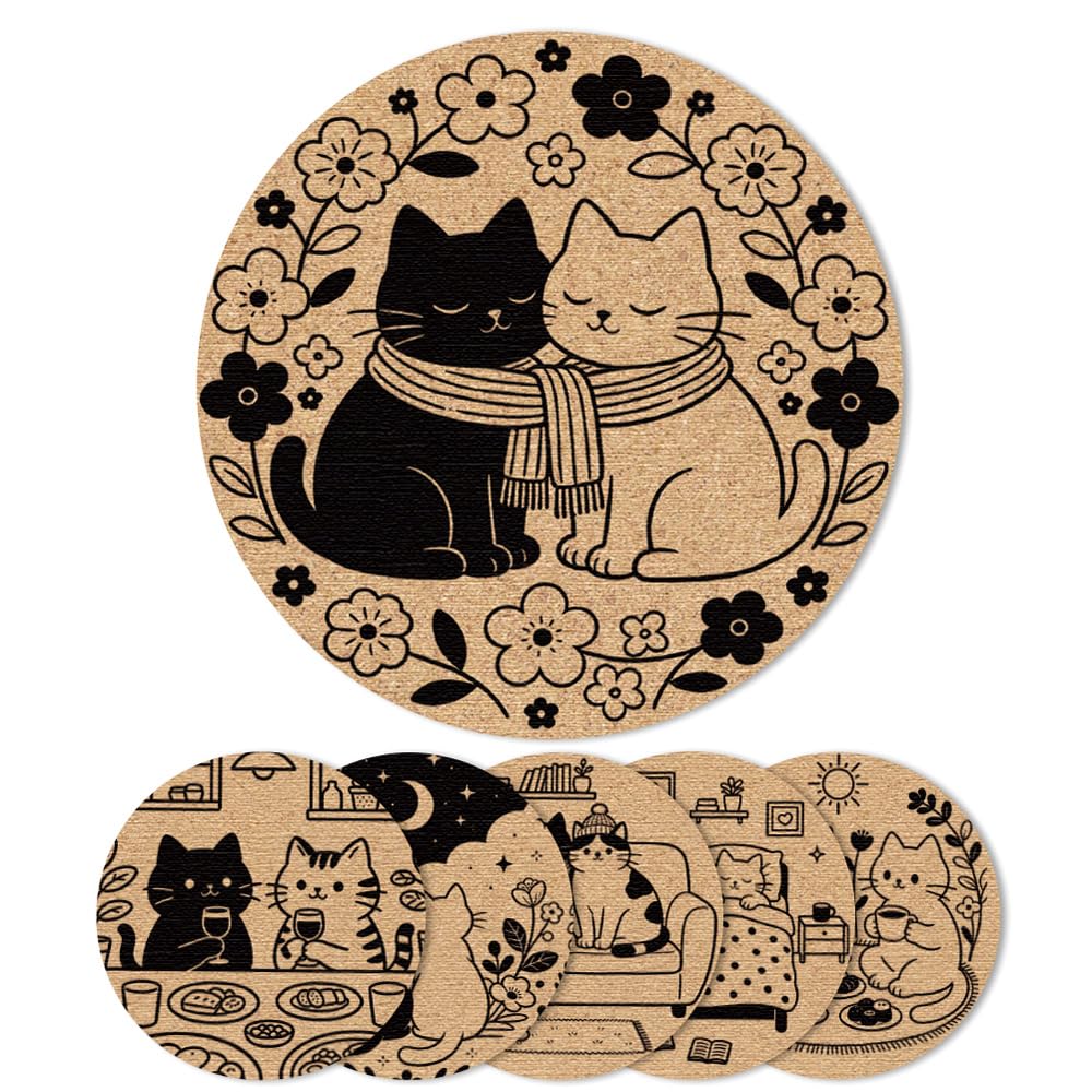 ANATTASOUL Coasters Set of 6 Funny Cats Absorbent Recycled Rubber Coasters for Drinks, 3.93" Non-Slip Round Cup Mats for Kitchen, Office, Farmhouse, Home Decor Housewarming Gifts