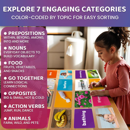 QUOKKA 364 Flash Cards for Kids and Adults - Real-Life Large Preschool Flash Cards for Speech Therapy, ABA Therapy, ESL Teaching, Pre-K to 3rd Grade, 7 Vocabulary Building Categories with Prepositions
