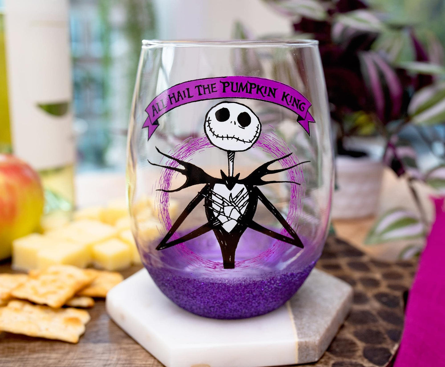Disney The Nightmare Before Christmas All Hail Pumpkin King Glitter Teardrop Stemless Wine Glass | Tumbler Cup For Mimosas, Cocktails