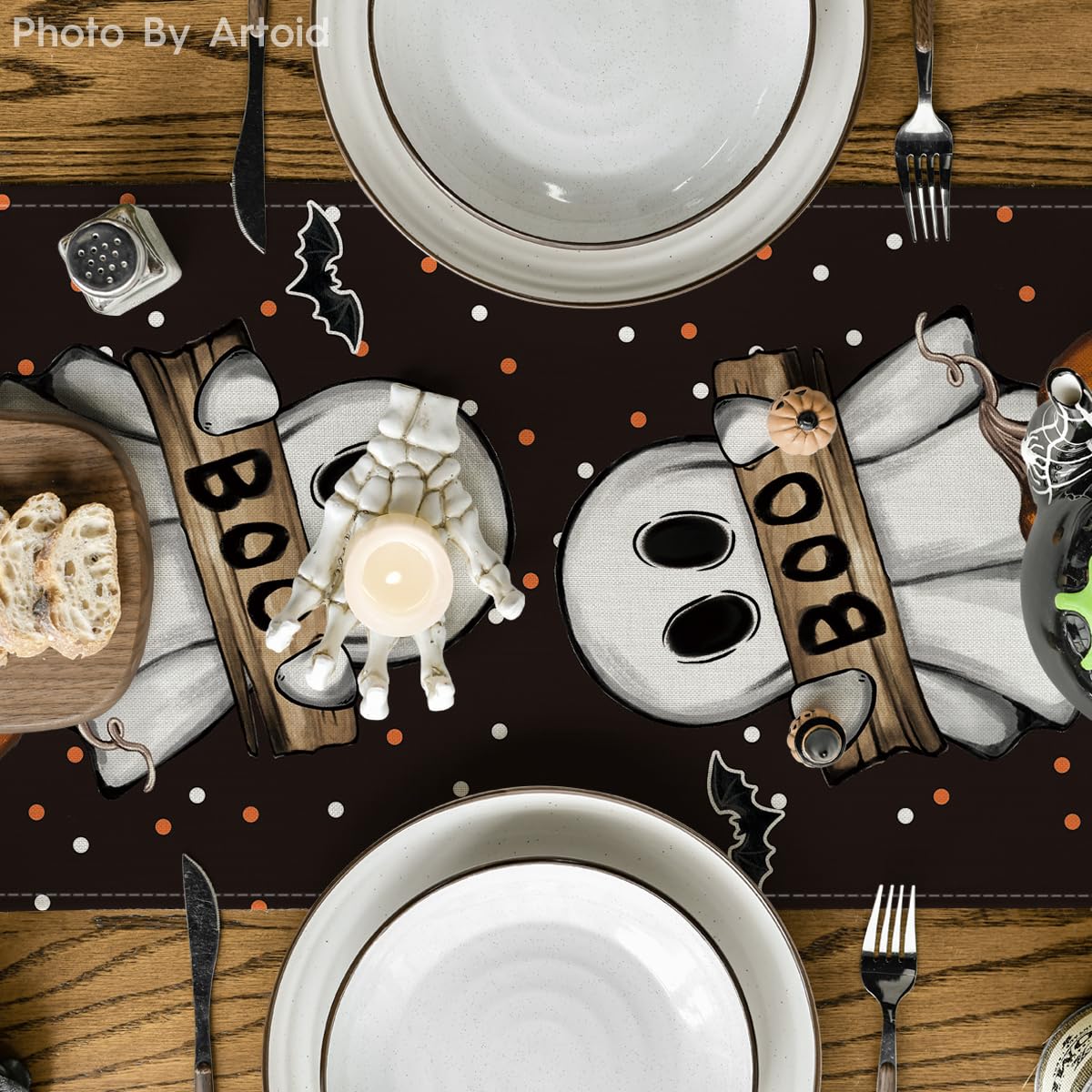 Artoid Mode Polka Dot Ghost Pumpkin Cat Boo Halloween Table Runner, Bat Seasonal Fall Kitchen Dining Table Decoration for Home Party Decor 13x90 Inch