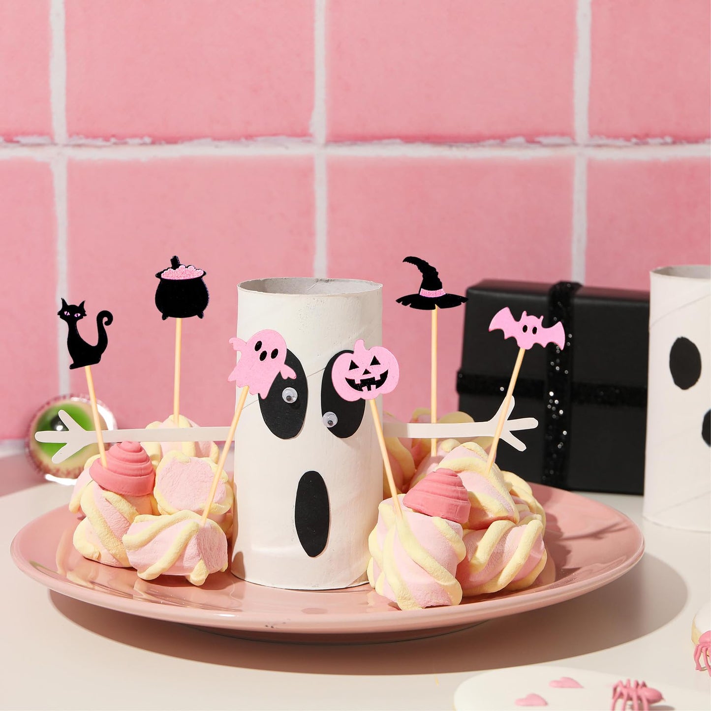 Whaline 120 Pcs Pink Black Halloween Cocktail Picks Cute Ghost Pumpkin Bamboo Toothpicks Garnish Sticks for Appetizers Fruit Sandwiches Drinks Skewers, 6 Designs