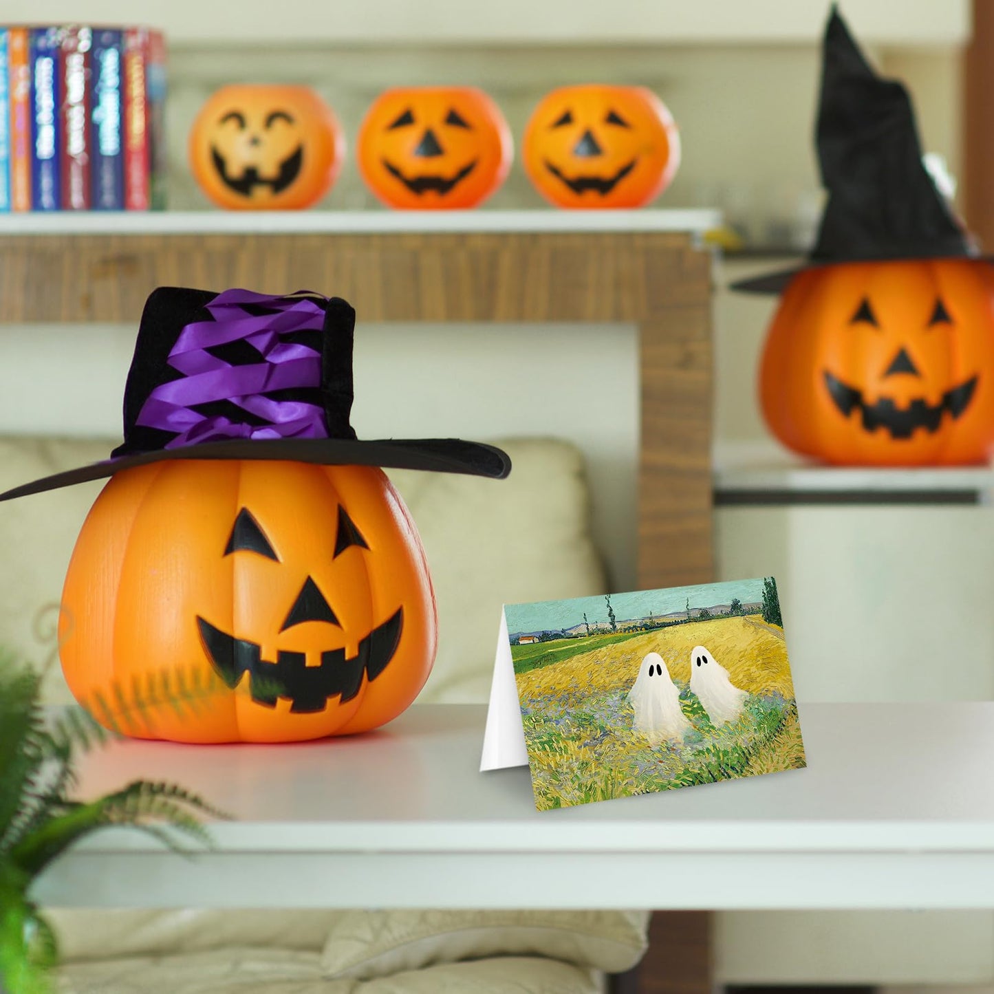 Whaline 50 Pack Halloween Cards Cute Ghost Greeting Cards with Envelopes Stickers Glue Stick Blank Note Card for Party Invitations, 4 x 6 Inch