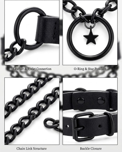 rgwtgkyh Black Gothic Star O-Ring Choker Necklace for Women Stainless Steel Leather Chain Punk Grunge Emo Alternative Statement Jewelry Gift