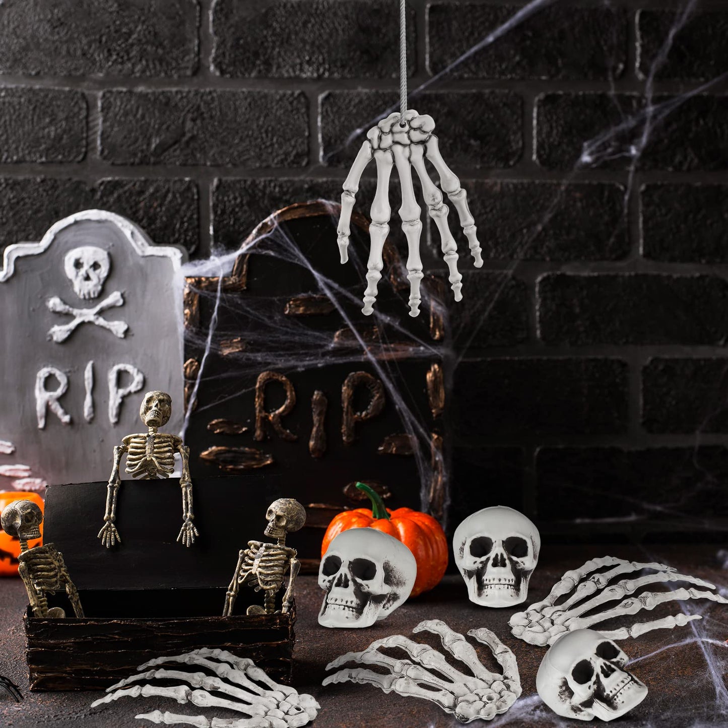 Ferraycle 16 Pieces Halloween Decoration Set Includes 10 Mini Skull Heads and 4 Skeleton Hands Realistic Looking Skulls Plastic Fake Craft Human Hands for Halloween Party Decor Props