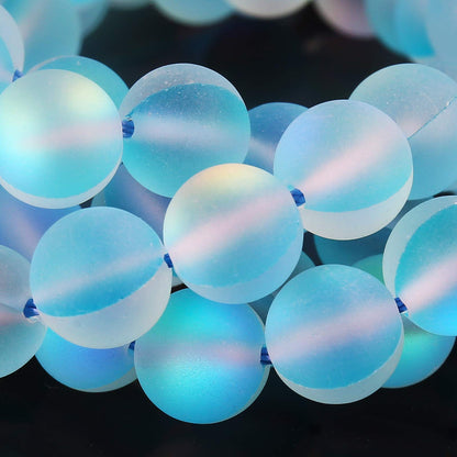 Matte Aquamarine Aurora Crystal Glass Beads, 6MM Frosted Glitter Shining Mermaid Round Loose Beads, Rainbow Holographic Synthetic Moonstone for Jewelry Making DIY Bracelet