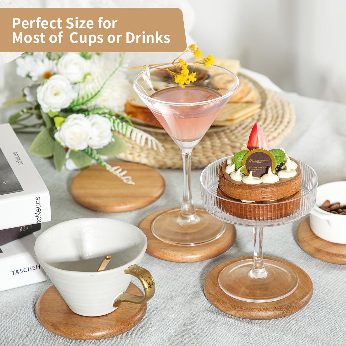 HALE OTEIR Acacia Wood Round Coasters Set of 6 with Holder, 3.93 Inch Rustic Wood Coasters with Smooth Rounded Edge for Mugs, Glasses, Coffee & Wine, Perfect for Home, Office or Christmas
